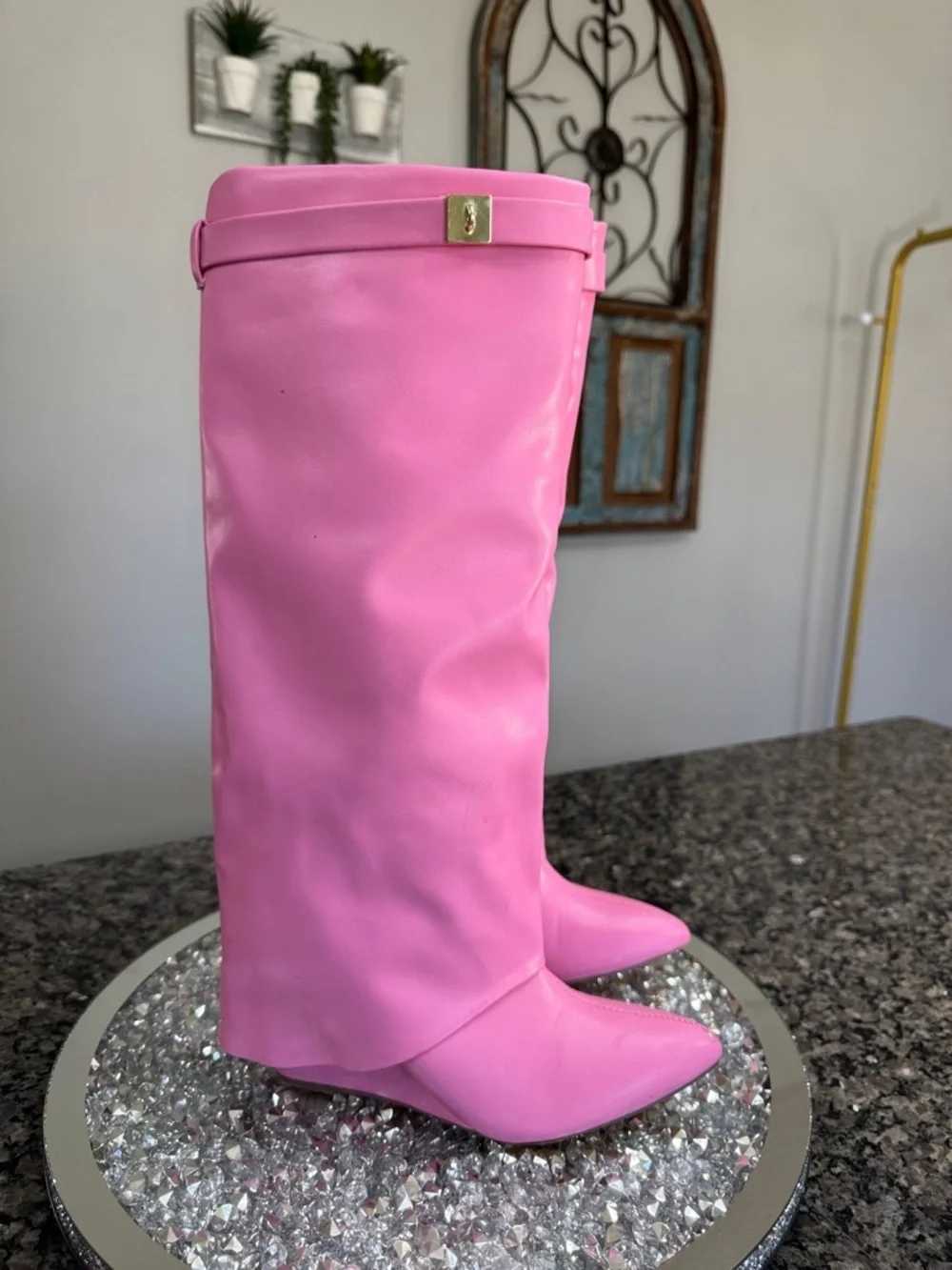 Pink Women's Knee-High skirted wedge Fashion Boots